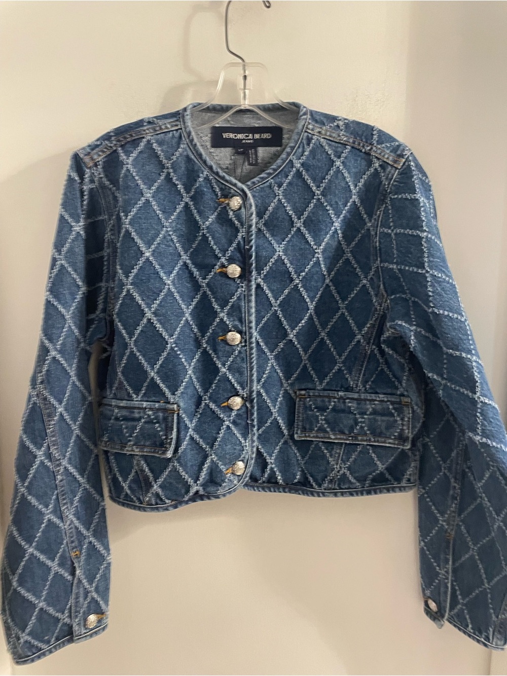 NWT Veronica Beard SML Nolita Blue Diamond Quilted Cropped Denim Jacket $448